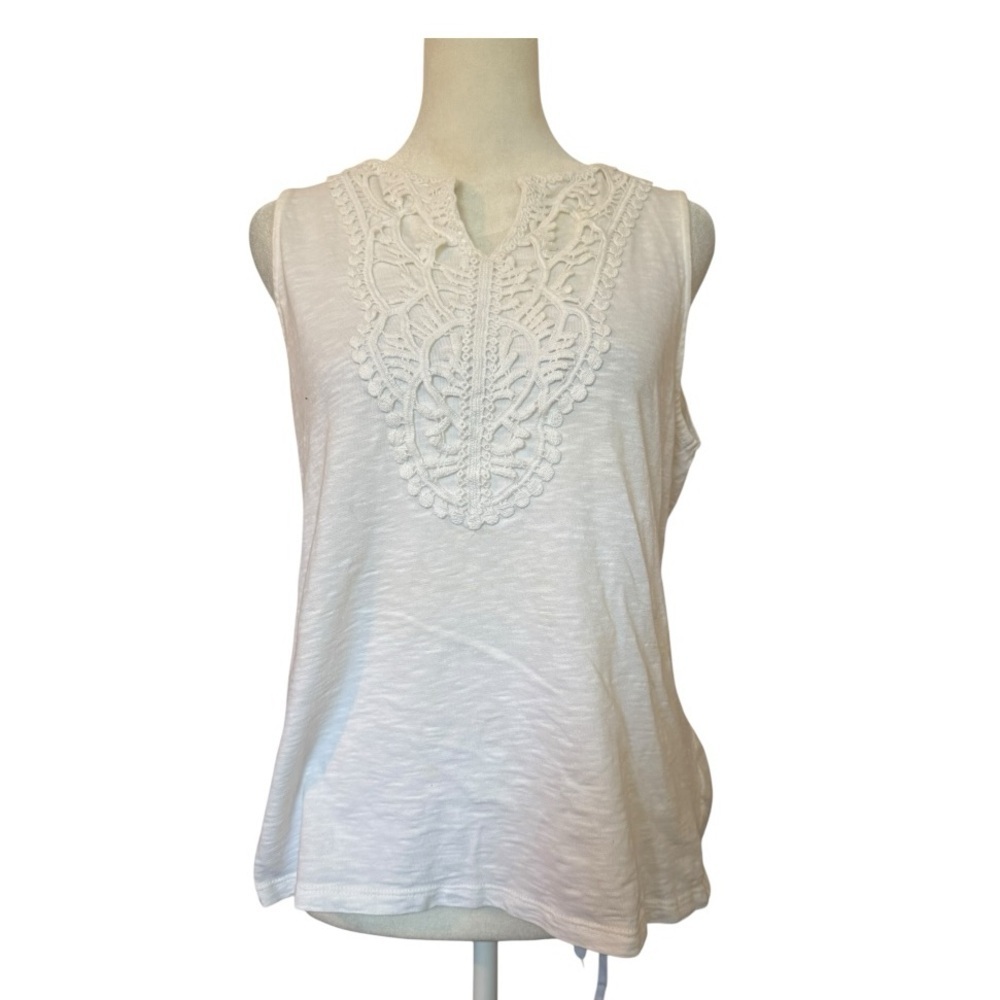 Talbots Summer White Cotton Sleeveless Top Small - Embroidered Lace Detail
